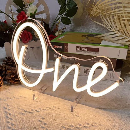 One Year Old Birthday Table Number Neon Sign Desk Lamp Night Light Wedding Letter LED Neon Sign Wedding Table Decorations Neon Light Bedroom Home Room Decor Christmas Party Warm White USB 28.8×19.6CM