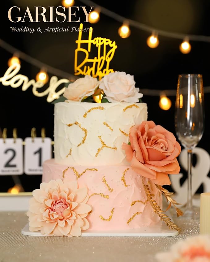 Artificial Flowers Combo, Mix Silk Flowers Roses, Peonies, Dahlias with Stems for DIY Wedding Bridal Bouquets, Baby Shower, Table Centerpieces, Home Decor, Fake Floral Arrangements-Champagne