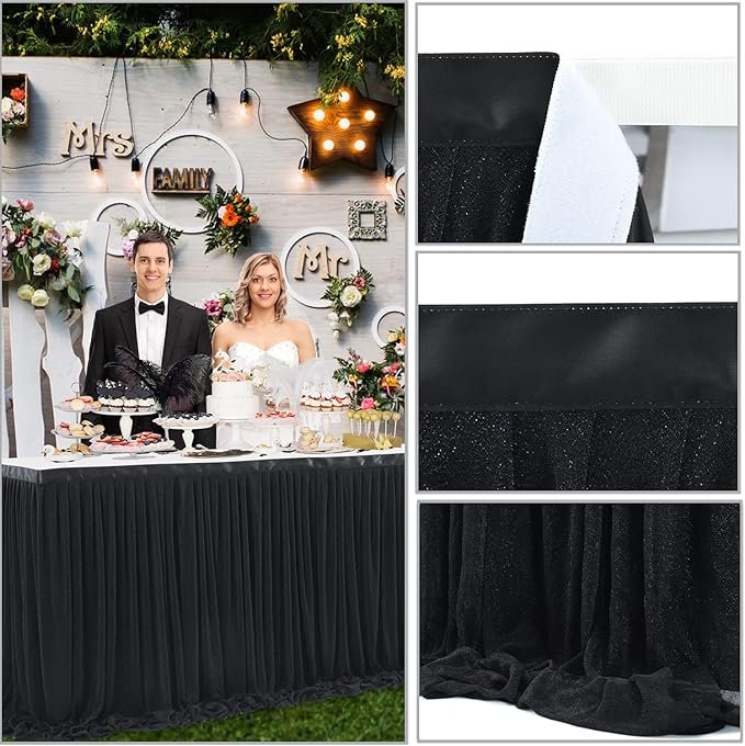 14ft Black Tulle Table Skirt for Rectangle Table or Round Tables Tutu Table Cloth for Birthday Party Baby Shower Wedding Parties Dessert Buffet Banquet Decorations