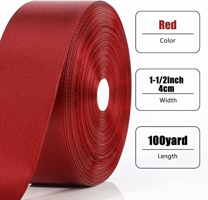 NESCCI 100 Yards Ribbon,1-1/2 Inch Wine Red Satin Ribbon,Single Face Satin Ribbons, Perfect for Gift Wrapping,Wedding Decoration,Handmade Bows, Wrapping Bouquet, Halloween, Christmas