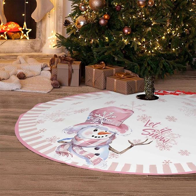 Let It Snow Snowman Christmas Tree Skirt 48 Inches, Pink Snowflake Tree Skirt, Winter Xmas Tree Mat for Home Party Holiday Indoor Outdoor Decorations (Pink, 48in)