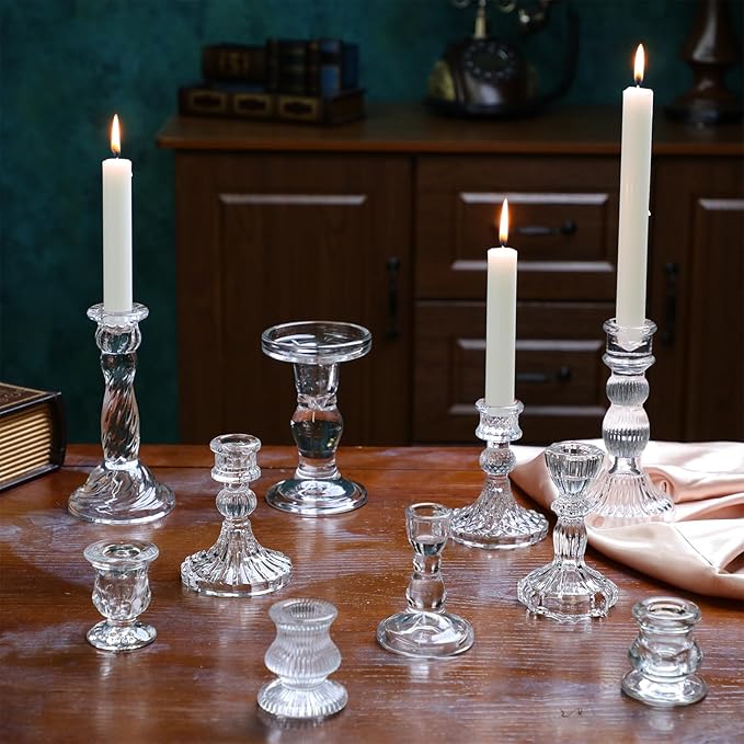 Mumufy 40 Pcs Glass Crystal Taper Candle Holders Clear Glass Candlestick Holder Fit 0.8 Inch Candles Crystal Decorative Candle Stand Centerpiece Table Wedding Dining Party (Classic,Clear)
