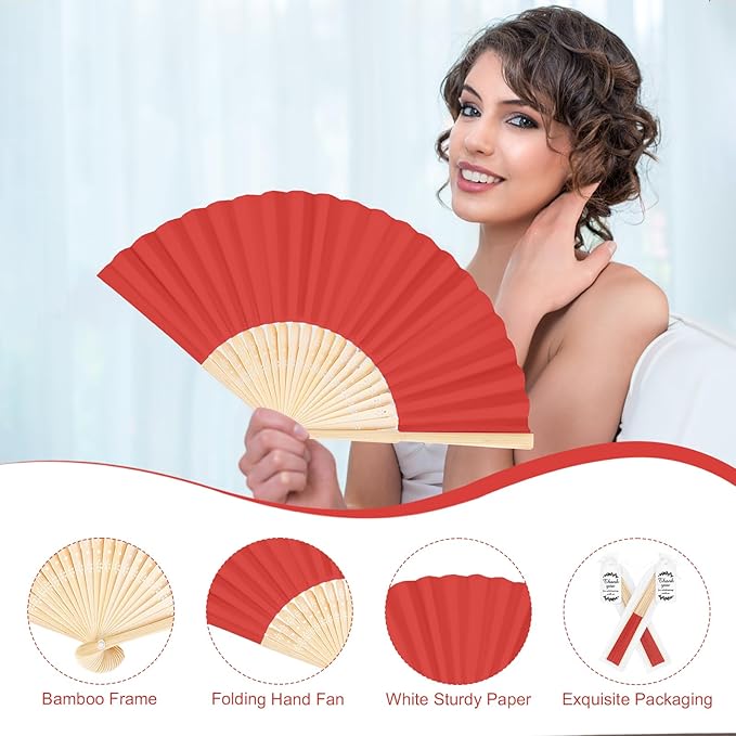 50Set Wedding Hand Fans Party Favors Red Paper Folding Handheld Fans Bulk, DIY Bamboo Fans with Thank Tag Organza Bag for Guests Bridal Dancing Props Church Decoation