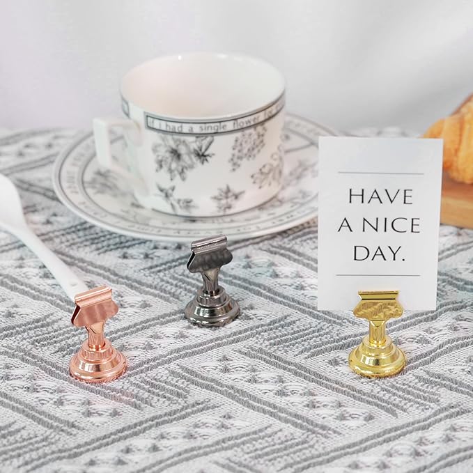 Urban Deco 16PK Table Number Holders Place Card Holders 1.7 Inch Table Card Holders Steel Card Holders for Photos, Food Signs, Memo Notes, Weddings, Restaurants, Birthdays(Rose Gold)