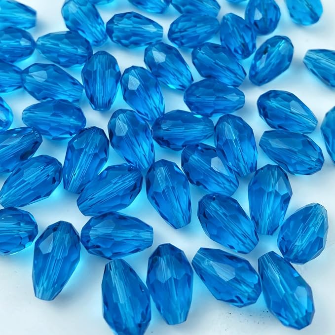 100pcs 8x12mm Teardrop Crystal Glass Beads Vertical Hole Faceted Glass Teardrop Spacer Beads for Bracelets Necklace Earring DIY Jewelry Making Craft(Lake Blue)
