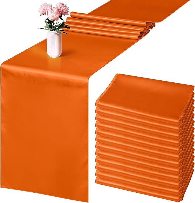 Aneco 12 Pack Satin Table Runner 12 x 108 Inch Orange Long Wedding Satin Silk Table Runner for Wedding Banquet Graduations Birthday Party Decoration
