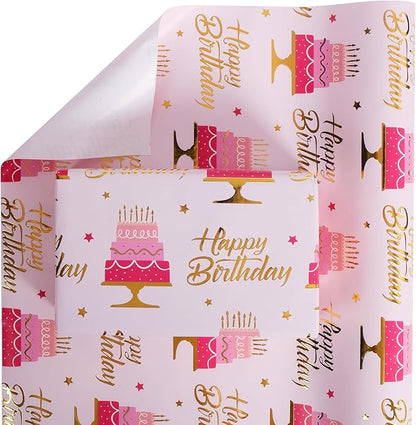 Aimyoo Pink Birthday Wrapping Paper Roll - 17 Inch X 16.4 Feet - Gold Foil Celebration Cake, Happy Birthday Lettering Design Gift Wrap for Kids, Baby Showers