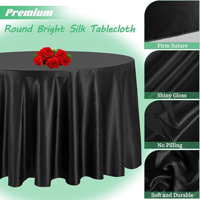 fani 12 Pack 120 Inch Black Satin Tablecloth - Premium Bright Silky Round Tablecloth Overlay Smooth Fabric Table Cover, Table Decoration for Wedding Party Banquet Events Restaurant Kitchen Dining