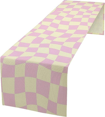 Hippie Table Runner Retro Geometric Square Purple Grid 60s70s Style Kitchen Restaurant Decoration for Indoor and Outdoor Wedding Party Table Runner 13x60 Inch