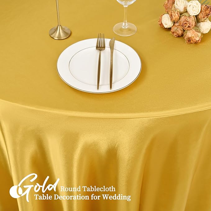 12 Pack 120 Inch Gold Satin Tablecloth - Premium Bright Silky Round Tablecloth Overlay Smooth Fabric Table Cover, Table Decoration for Wedding Party Banquet Events Restaurant Kitchen Dining