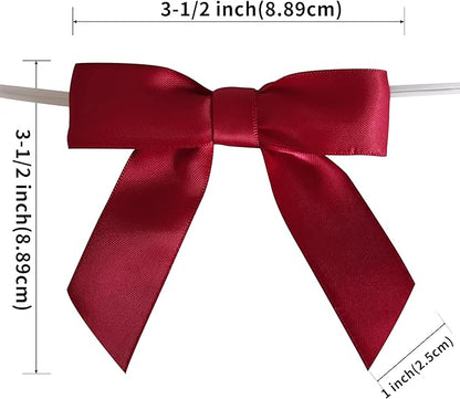 3-1/2" Burgundy Satin Ribbon Bows with Twist Ties Giant Bows for Christmas Holiday Gift Packing&Wrapping (50pcs,Burgundy)
