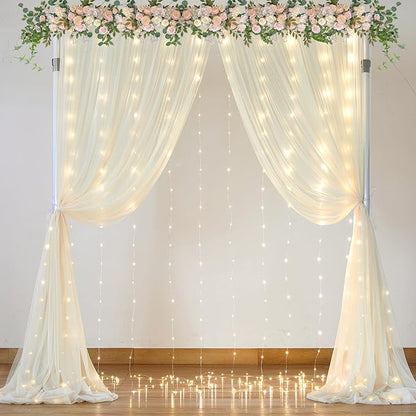 10ft x 10ft Ivory Tulle Photo Backdrop Curtain with Lights String for Parties Wedding Sheer Ivory Curtain Backdrop for Birthday Party Bridal Shower Photo Booth Photography Background Decorations
