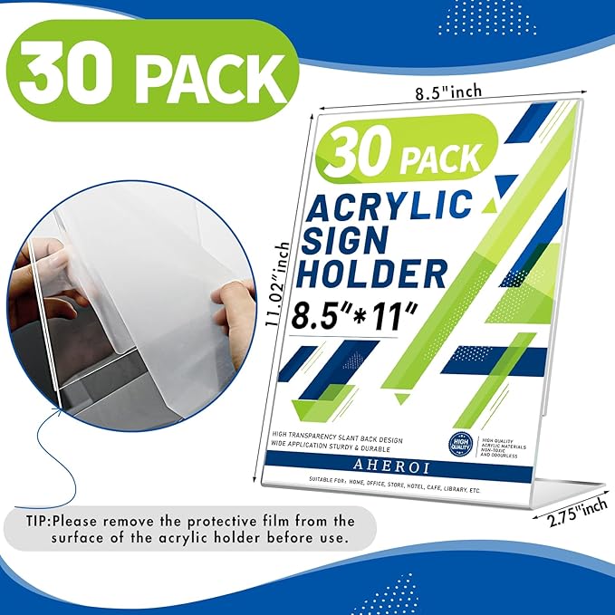 Aheroi Acrylic Sign Holder 8.5 x 11, 30Pcs Plastic Sign Holder 8.5 x 11 Standing, Clear Paper Holders Acrylic Paper Document Holders, Plastic Stands Flyer Display,Office School Table Supplies