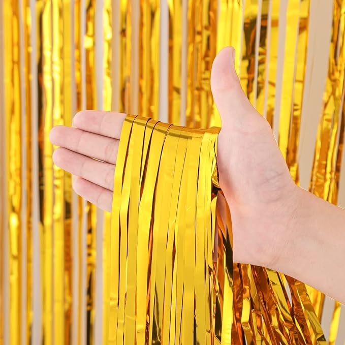 2 Pack Gold Tinsel Foil Fringe Curtains, Gold Party Decorations, Metallic Tinsel Party Streamers Backdrop for Birthday Baby Shower Graduation Wedding New Year Party Decorations
