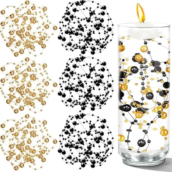 50 PCS Artificial Pearl String Beads - 10+5mm Black Gold Floating Beads for Centerpieces, Vase Fillers, Wedding, Birthday Party, and Candle Decor