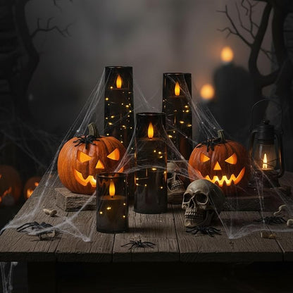 Raycare Flameless Candle with Remote Timer – 9 Flickering Acrylic Battery Operated LED Pillar Candles with Embedded Star String for Halloween, Home Decor, and as a Gift (Black)
