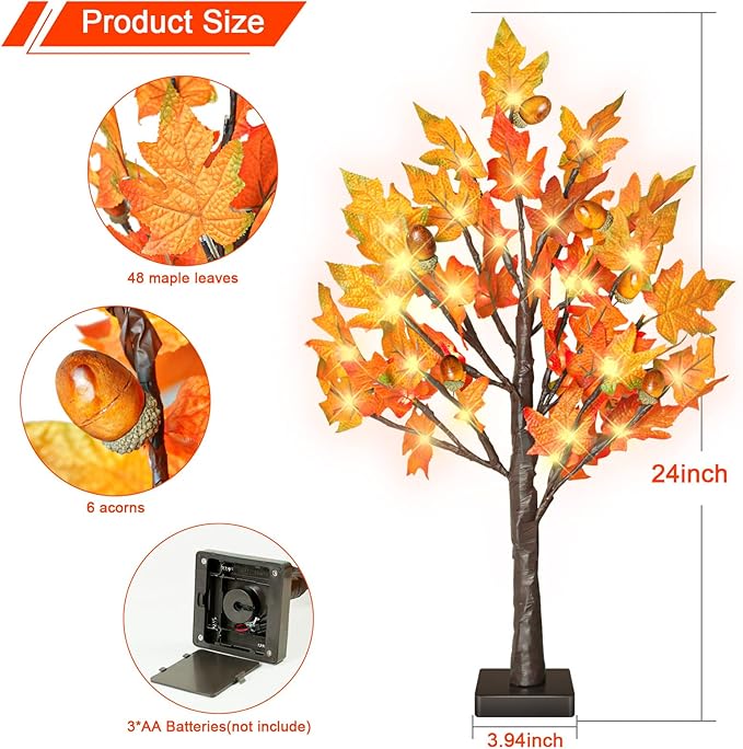 24 Inch Fall Lighted Maple Tree, 2FT Fall Tree with 36 LEDs, 6 Acorns, Timer Battery Operated, Thanksgiving Decorations Table Lights Tree for Autumn Wedding Party Gift Harvest Home