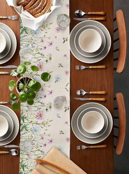 Vintage Wildflowers Cotton Linen Table Runner for Dining Kitchen, Wedding Outdoor Party Tablerunners Decoration, Farm Floral Pink Botanical Plants Dresser Scarf Coffee Tablecloth Runners 13x36 Inches