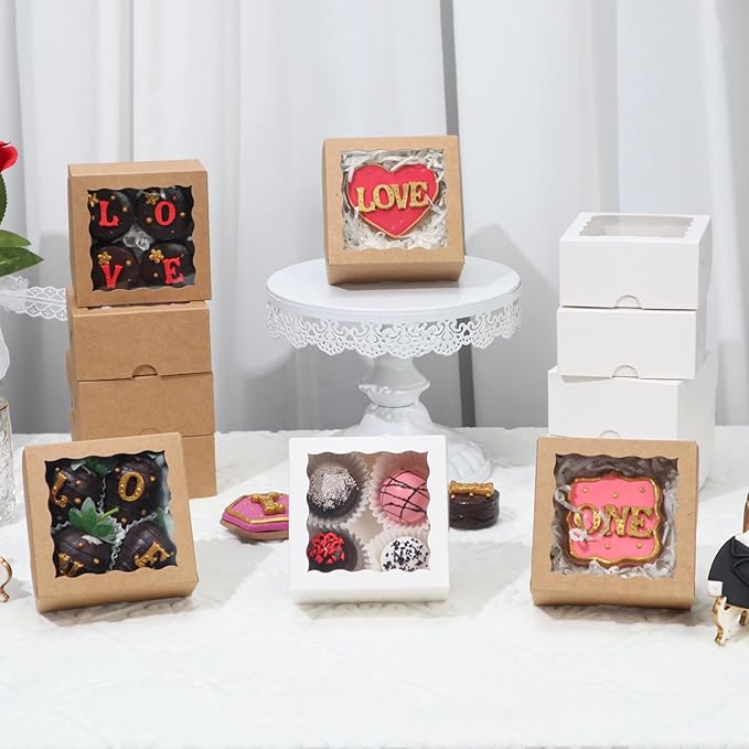 100-Pack 4x4x2 InchesBrown Bakery Boxes - Treat/Cookie/Truffle Boxes for Mini Cakes, Pies & Cinnamon Rolls - Wedding Party Favor Packaging