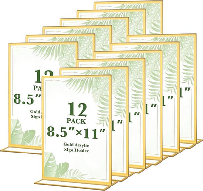 12 Pack Gold Acrylic Sign Holders 8.5x11 Inch, Double Sided Clear Acrylic Frames for Menu Displays, Wedding Table Numbers, Event Signage, Restaurant Posters and Office Document Holders