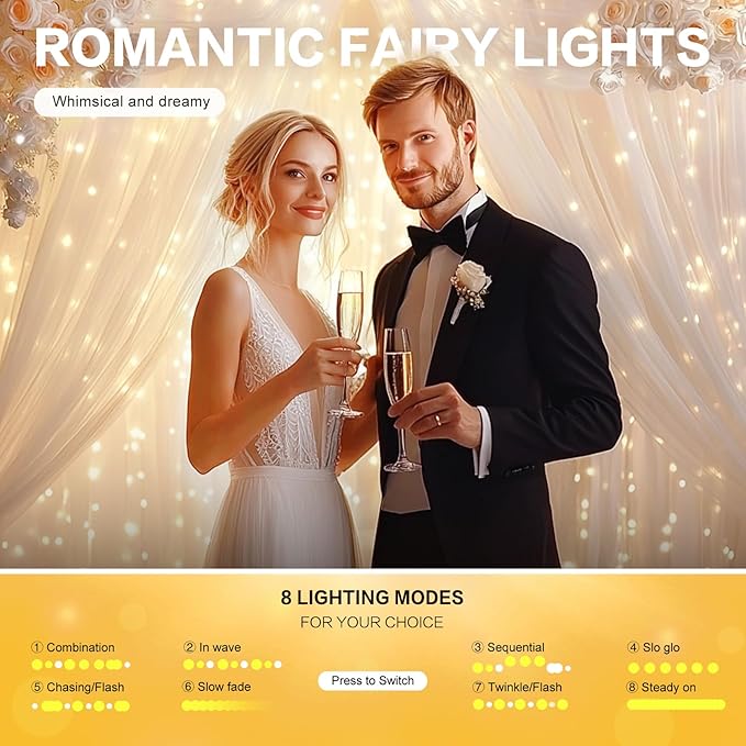 White Tulle Backdrop with Fairy Lights for Parites Wrinkle-Free Sheer Curtain Drapes Photo Back Drop for Wedding Baby Shower Bridal Shower Birthday Dance Home Décor- 10ft×8ft, White