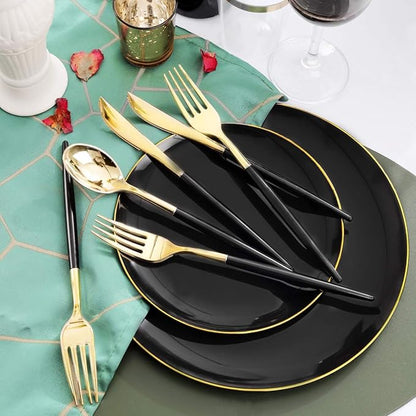 Supernal 350pcs Black Plastic Dinnerware Set - Black and Gold Plastic Plates, Gold Silverware Set, Wedding Party Plate, Cups Prefect for Halloween, Thanksgiving, Christmas Party and New Year