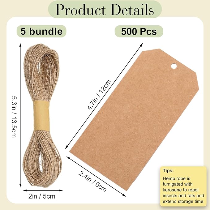 Gersoniel 200 Pcs Kraft Paper Gift Tags with String 4.7" x 2.4" Cardboard Price Tag Name Tag Vintage Wedding Birthday Hang Brown Tags with Twine Blank Gift Tag for Wedding Birthday Holiday Art & Craft