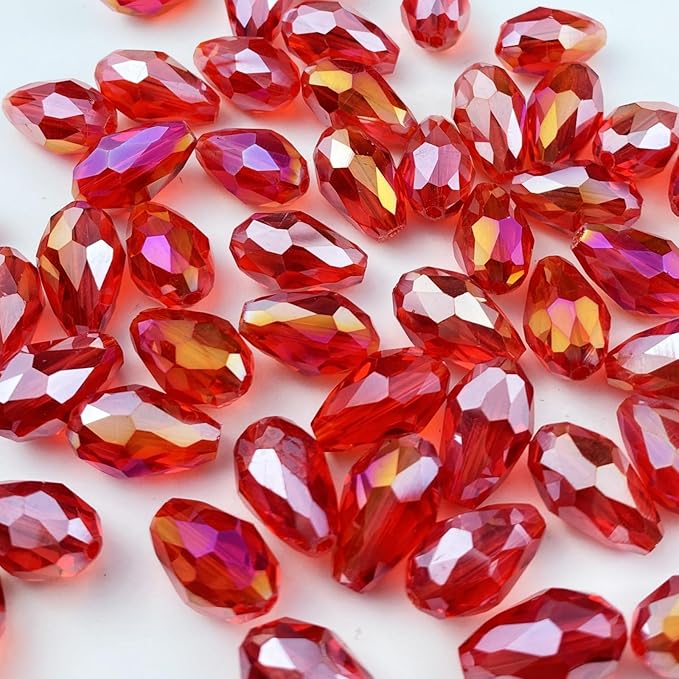 50pcs 10x15mm Teardrop Crystal Glass Beads Vertical Hole Faceted Glass Teardrop Spacer Beads for Bracelets Necklace Earring DIY Jewelry Making Craft(Red AB)