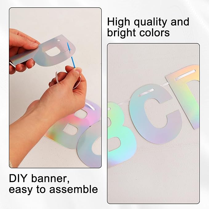 BEISHIDA 116 PCS A-Z Glitter Laser Silver DIY Letter Banner Kit Make Your Own Banner，Including 111 Letters and Numbers 3 Rope and 2 Threading Device,Customized for Birthday Graduation Wedding Party Decor
