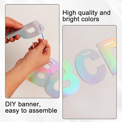 BEISHIDA 116 PCS A-Z Glitter Laser Silver DIY Letter Banner Kit Make Your Own Banner，Including 111 Letters and Numbers 3 Rope and 2 Threading Device,Customized for Birthday Graduation Wedding Party Decor