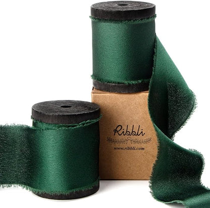 Ribbli Forest Green Silk Satin Ribbon 1.5 Inch x 12 Yard - Handmade Frayed Chiffon With Wooden Spool for Gift Wrapping, Wedding Invitations, Bridal Bouquets, Home Decor