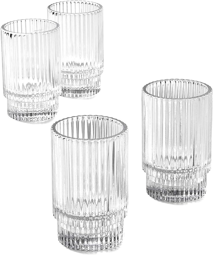 Serene Spaces Living Ribbed Glass Votive Holders – Elegant Pleated Candle Holders for Tea Lights, Votive Candles – Decorative Glass Holders for Home, Weddings, 3.75" Tall and 2.25" Diameter, Set of 4