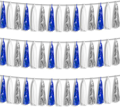 3P Navy-Blue White-Silver Tassel Garland Banner, Tassels Banner Streamers for Parade Floats, Bachelorette, Wedding, Birthday, Halloween, Christmas, Bridal/Baby Shower Party Decorations