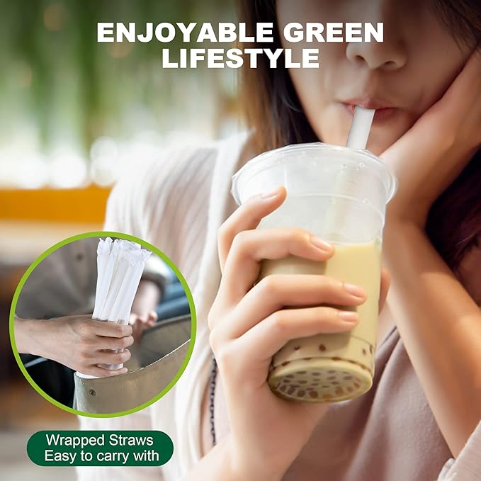 9 Inch Individually Wrapped Disposable White Paper Boba Straws, Bubble Tea Straws 100 Counts, 0.5"/12mm Wide - Pointed End, Extra Thick, Fat - Eco-friendly Biodegradable