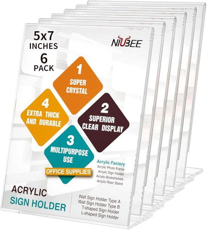 NIUBEE 6Pack Slant Back Acrylic Sign Holder 5x7 inches, Clear Vertical Picture Frames Frames, Desktop Flyer Holder Document Holder Paper Display Stand