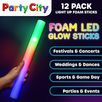 Party City 12pk LED Foam Glow Sticks 14”- Glow in the Dark Party Supplies Favors, Colorful Flashing Wand with 3 Modes, Foam Light Up Sticks Bulk Party Pack for Wedding, Birthday, Concert, Halloween