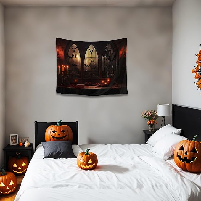 QGHOT Halloween Tapestry Wall Hanging Horror Castle Window Tapestry Gothic Spooky Backdrop Vampire Medieval Tapestries for Bedroom Living Room Dorm Wall Art Decor (28.7"x37.4")
