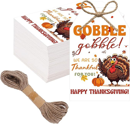 50Pcs Happy Thanksgiving Gift Tags With String, 3.3x2.1 Inch So Very Thankful For You Tags, Gobble Thanksgiving Name Tags With Turkey Pumpkin Leaf for Autumn Holiday Party Favors DIY Craft