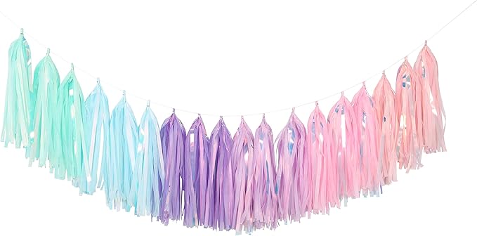 Fonder Mols Tissue Paper Tassel Garland DIY Kit (40pcs, Blush, Mint, Aqua, Lilac and Orchid All Mixed with Iridescent Mylar) for Rainbow Color, Spring, Candy, Easter themed Party Decorations A33