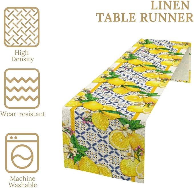 Lemon Table Runner,Spring Summer Seasonal Yellow Blue Table Runner for Kitchen Dining Table Home Party Decoration 13x108 Inch