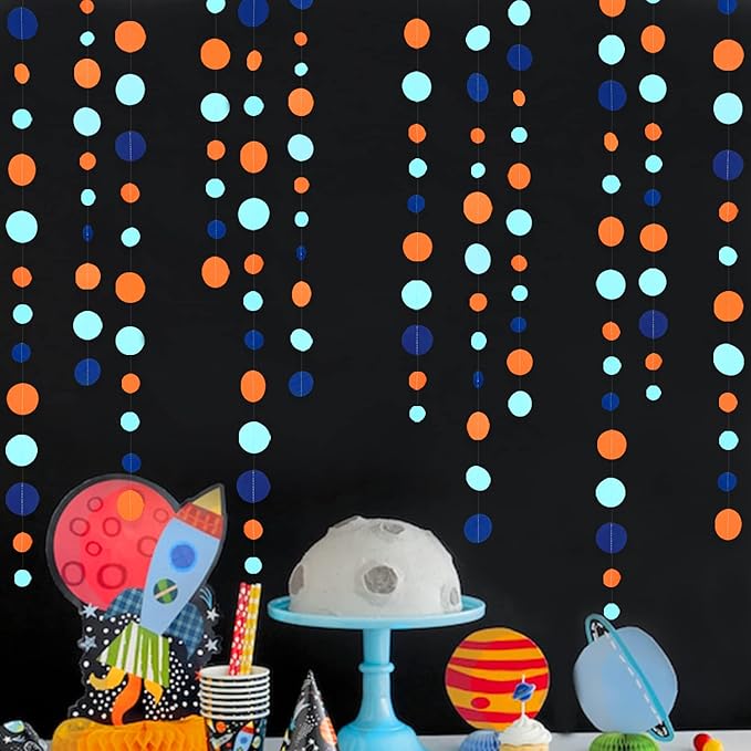 46 Ft Navy Blue Orange and Teal Circle Dots Garland Royal Blue Orange Aqua Polka Dot Hanging Paper Streamer for Birthday Wedding Bridal Baby Shower Outer Space Galaxy Theme Party Decorations Supplies