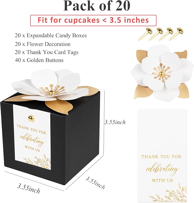 FEIYI 20 PCS Black Gift Boxes, 3 In 1 Favor Boxes with Floral Decor, White Thank You Tags Cupcake Containers Gift wrapping for Wedding, Baby Shower, Birthday, Decorations Party - 3.55x3.55x3.55