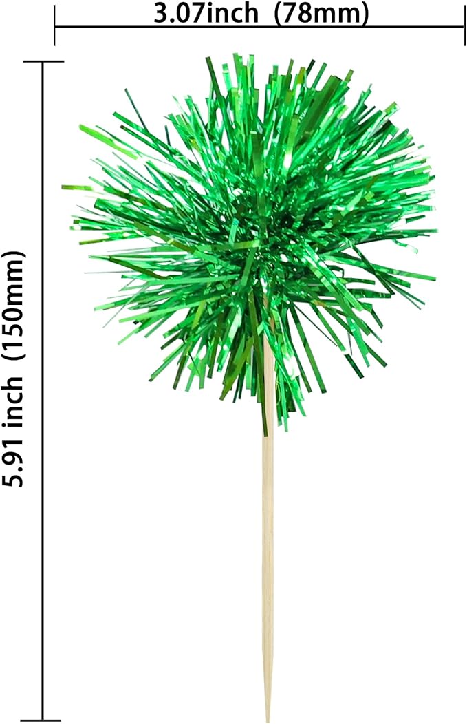 Ephlyn 30Pcs Foil Firework Cupcake Toppers Party Birthday Cake Toppers Supplies Sparkle Tinsel Cocktail Fruit Toothpick for Birthday Wedding Graduation Party Supplies Green