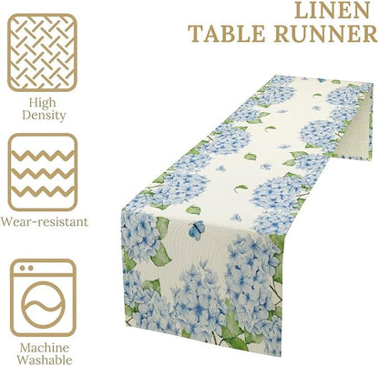 Watercolor Hydrangea Flower Table Runner, Spring Summer Seasonal Plants Butterfly Blue Dinner Runner for Home Kitchen Dining Table Party Holiday Decoration 13"x120"