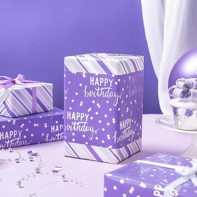 LeZakaa Purple Birthday Wrapping Paper Roll for Girls Women, Happy Birthday Lettering & Stripe Reversible, Metallic Foil, Large Roll, 30 inches x 32.8 Feet (92.9 sq.ft.)