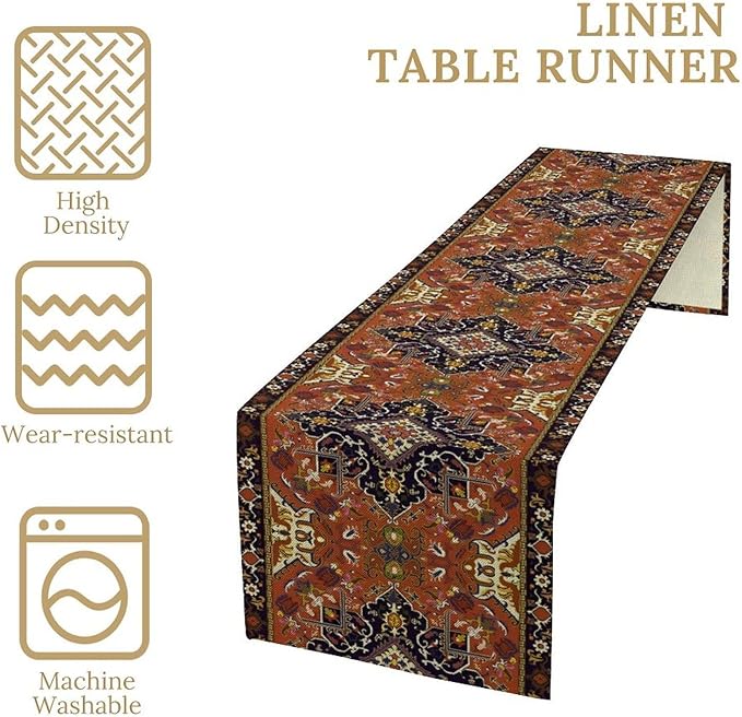 Vintage Boho Orange Table Runner, Country Rustic Farmhouse Magical Abstract Print Pattern for Home Kitchen Table Decor Dining Coffee Room Garden Party Decor 13x72in