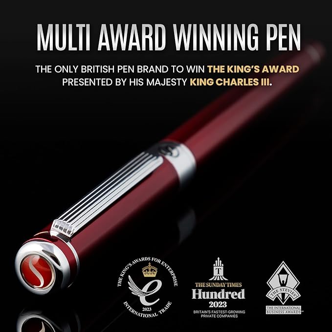 Scriveiner Deep Crimson Red Fountain Pen - Stunning Luxury Pen with Chrome Finish, Schmidt Nib (Fine), Best Pen Gift Set for Men & Women, Professional, Executive, Office, Nice Pens