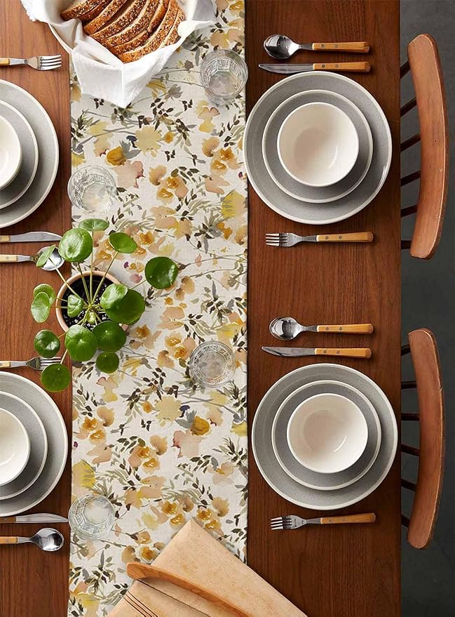 Vintage Orange Flower Cotton Linen Table Runner for Dining Kitchen, Wedding Outdoor Party Tablerunners Decoration, Farmhouse Botanical Floral Retro Dresser Scarf Coffee Tablecloth Runners 13x90 Inches