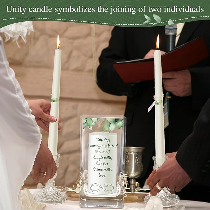 Unity Wedding Candles with Holder Wedding Ceremony Unity Candles Set Catholic Religious Accessories Large Decorative Glass Holder Taper for Church(Green Leaf)