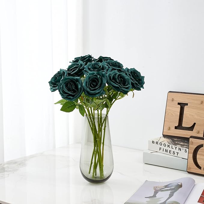 Artificial Rose 10pcs Open Flower Bouquet Faux Rose Stems for Wedding Arrangement, Bridal Bouquet, Centerpiece, Fake Faux Silk Flowers (Emerald Green)